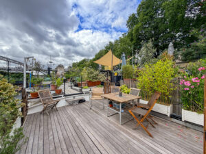 Terrasse en bois aménagée et végétalisée sur une péniche habitable navigante à vendre à Paris 13e, avec vue sur la Seine.